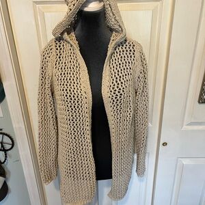 Nicole Miller Beige Open-Knit Hooded Cardigan